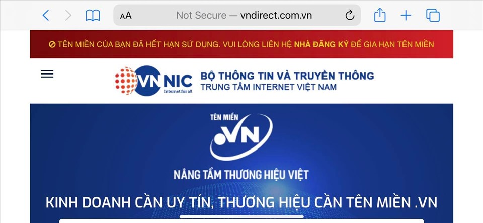   Website của chứng khoán VNDirect hết hạn tên miền trong sáng ngày 6.4.2022. Ảnh chụp màn hình