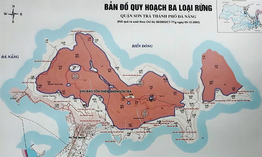 Quy hoạch 3 loại rừng trên Khu Bảo tồn thiên nhiên Sơn Trà, do UBND TP Đà Nẵng lập (Vùng lõi màu hồng là rừng đặc dụng)