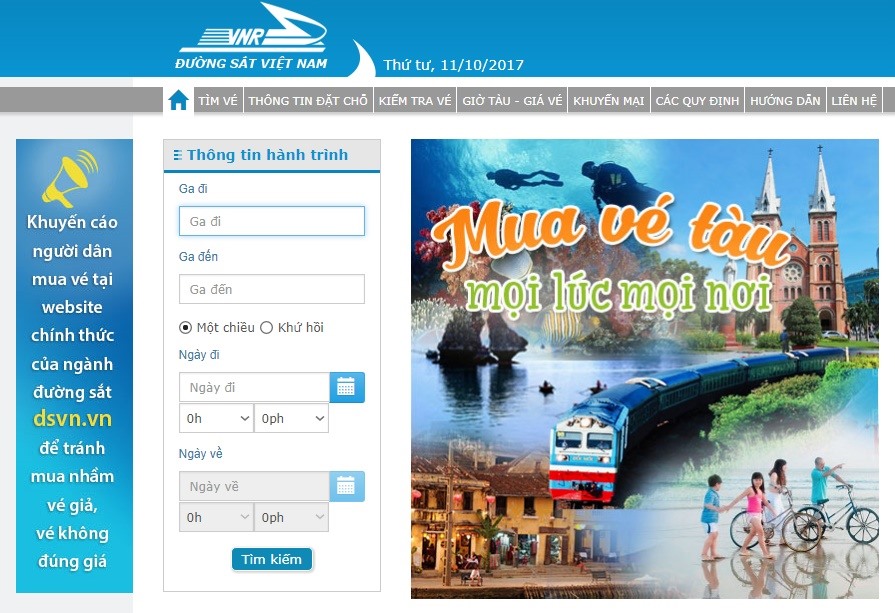 Giao diện mua vé tàu online của Đường sắt Việt Nam.