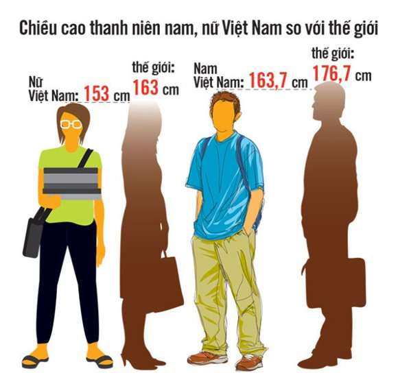Chiều cao của thanh niên nam, nữ Việt Nam thuộc hàng thấp nhất thế giới.