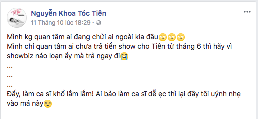 Dòng trạng thái của Tóc Tiên khiến dư luận đặt câu hỏi cô bị quỵt tiền. (Ảnh: FBNV)