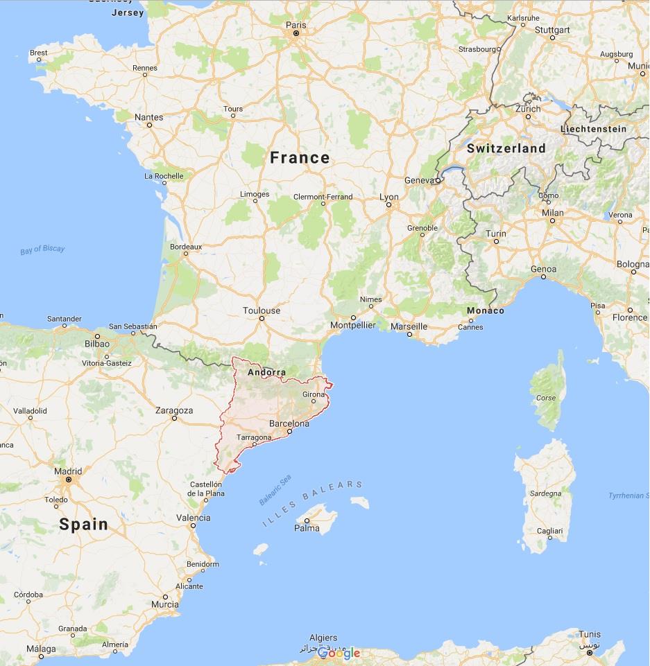 Catalunya (khoanh đỏ) là “hàng xóm” của Pháp.
