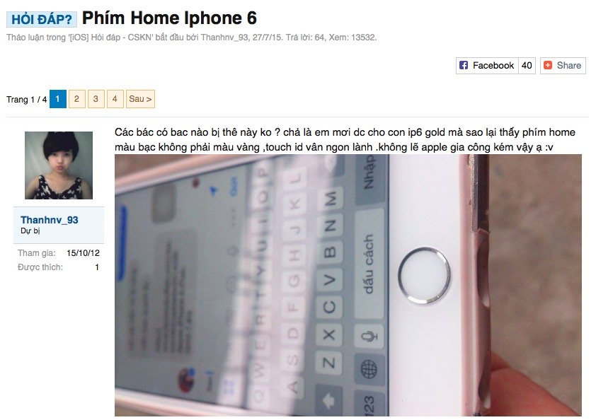 Phản ánh từ một thành viên diễn đàn tinhte.vn về tình trạng phím Home bị bạc màu trên iPhone 6S .