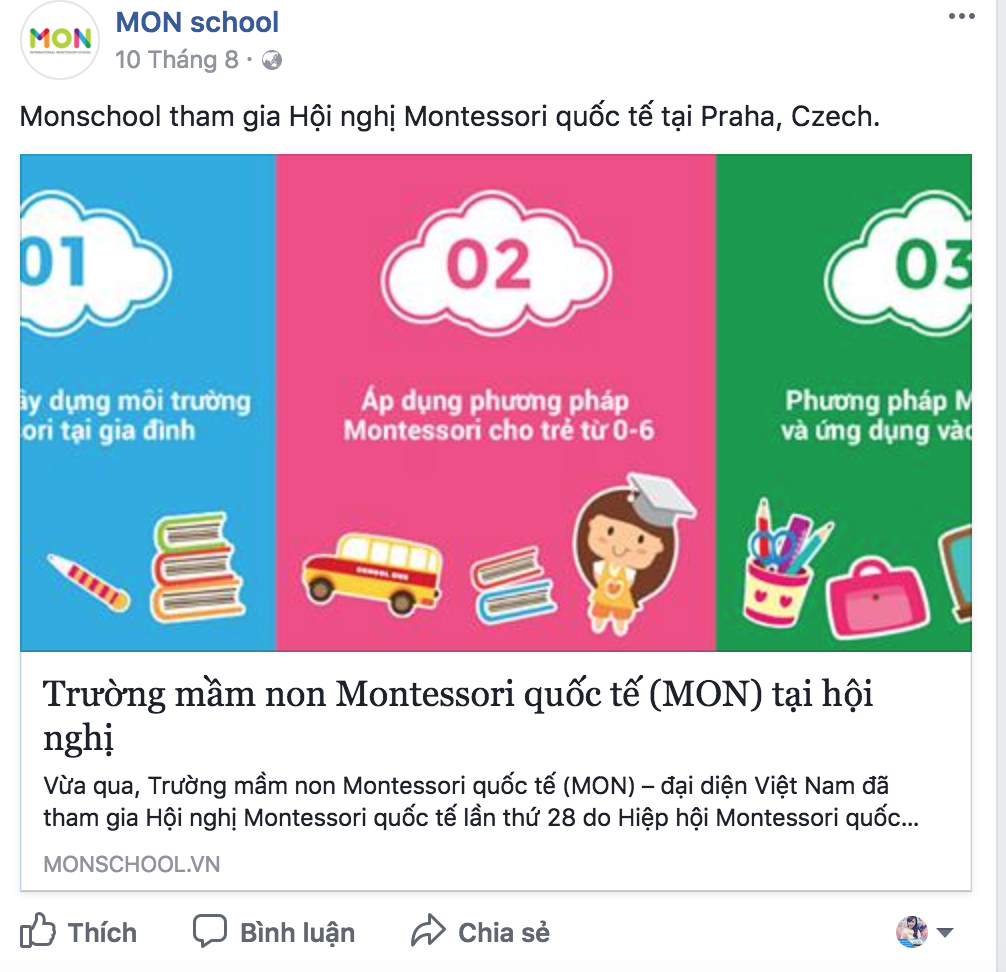 Trên website hay fanpage, Mon luôn được ghi là Trường Mầm non Montessori quốc tế. Ảnh: FP