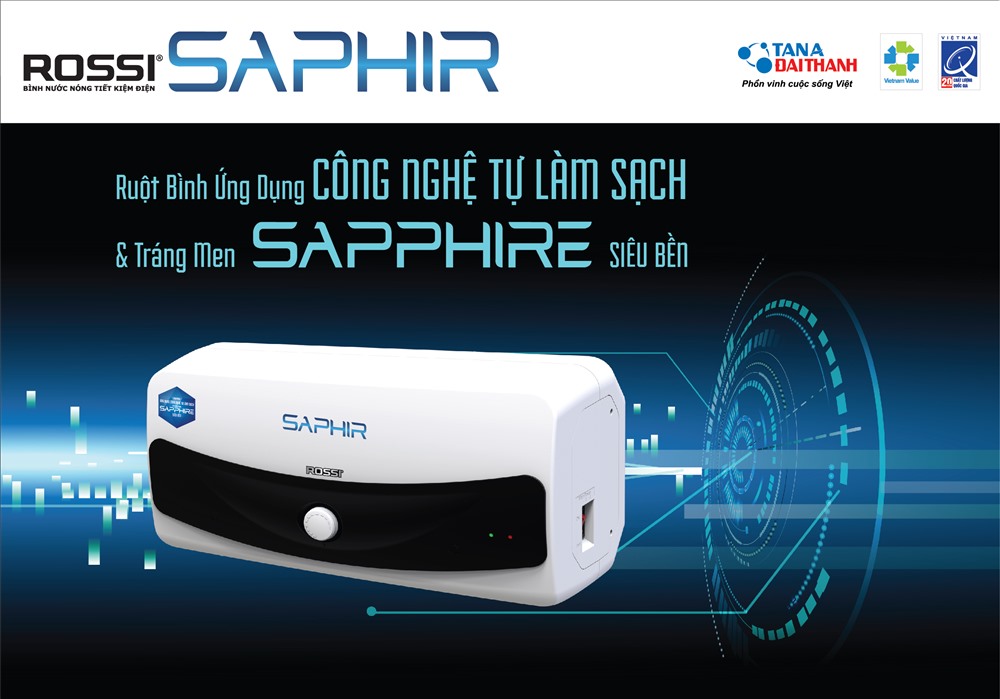 Bình nước nóng Rossi Saphir có độ bền và khả năng làm sạch vượt trội nhờ tích hợp công nghệ tráng men Sapphire nhân tạo siêu bền.