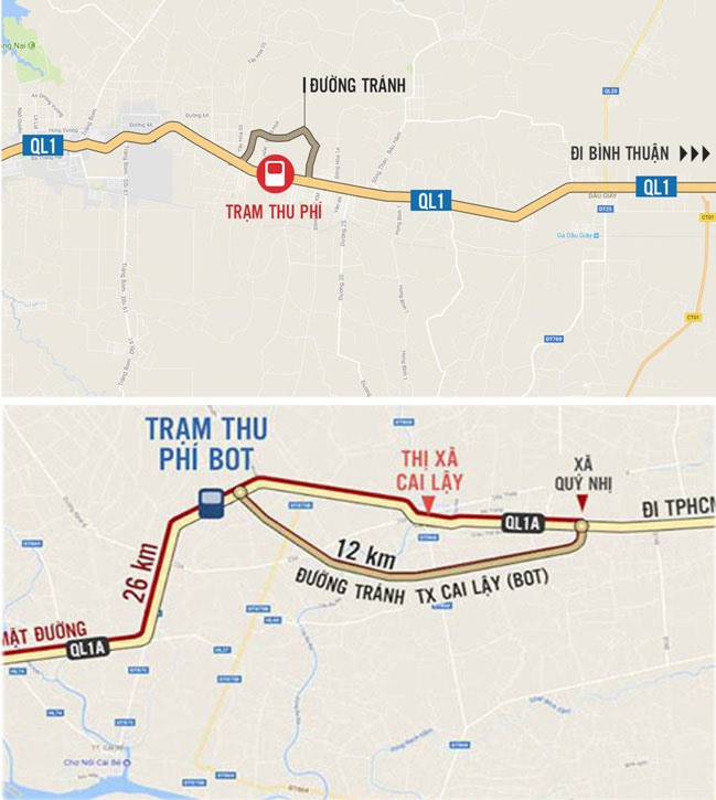 Vị trí đặt vô lý của 2 trạm BOT Biên Hòa (Đồng Nai) và Cai Lậy (Tiền Giang).
