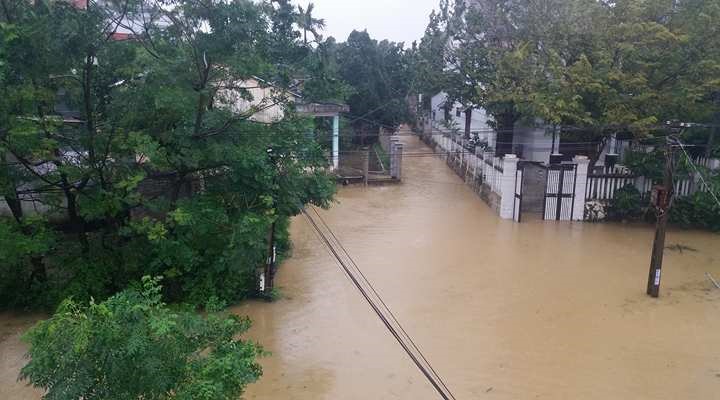 Nhiều khu dân cư của huyện Điện Bàn ngập chìm trong nước. Ảnh: LP