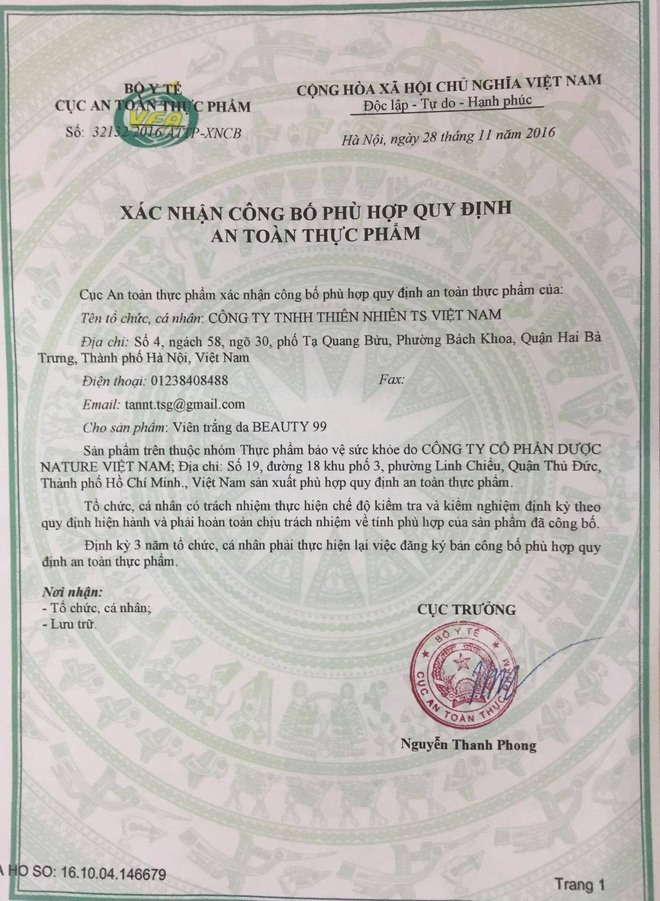 Giấy chứng nhận của Bộ Y tế cho sản phẩm của Công ty TNHH Thiên nhiên TS Việt Nam