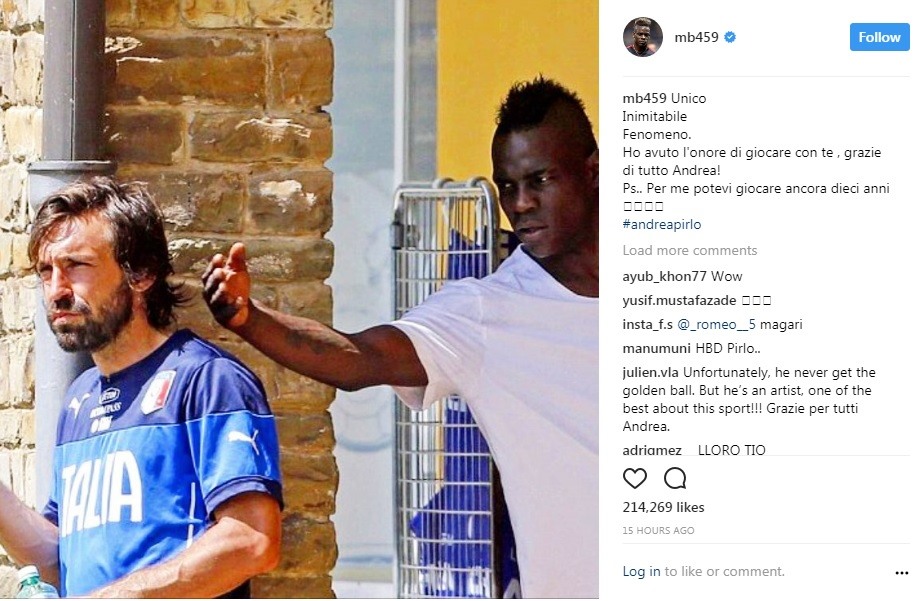 Lời tri ân Pirlo của “bad boy” Balotelli. Ảnh: Instagram.