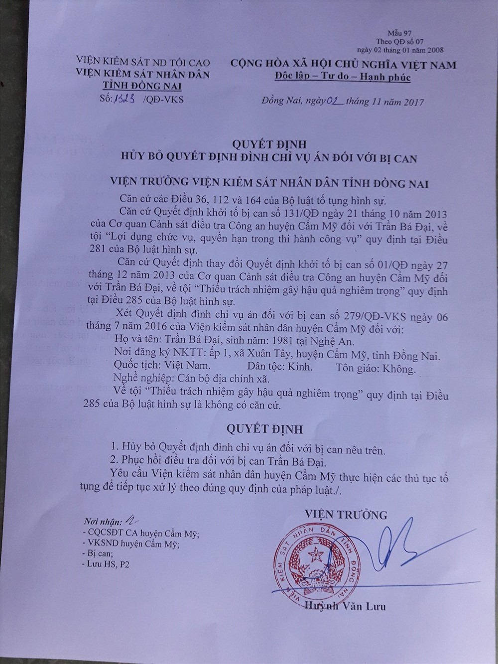 Quyết định khôi phục vụ án của VKSND tỉnh Đồng Nai