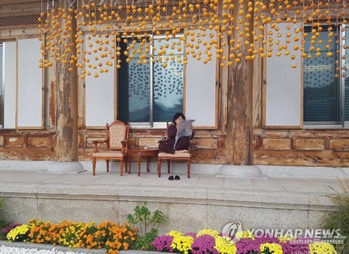 Đệ nhất phu nhân Hàn Quốc đọc báo bên dưới những quả hồng sấy. Ảnh: Yonhap