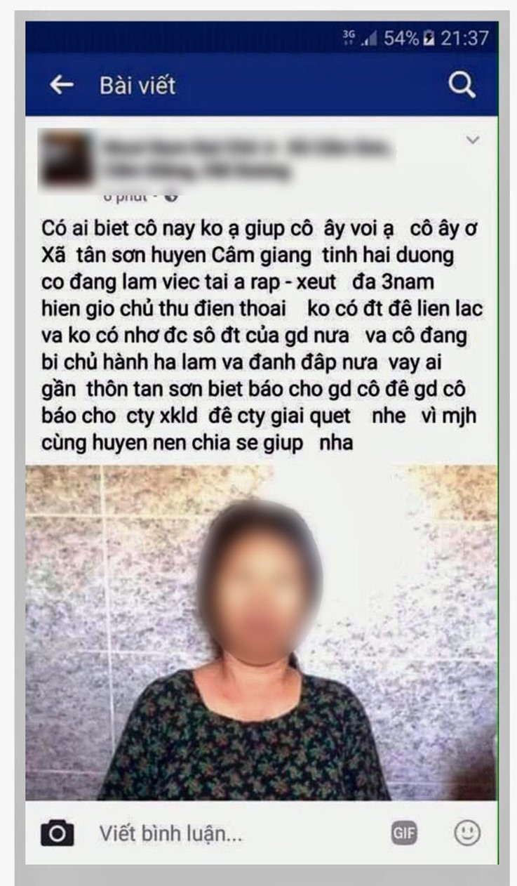 Thông tin “kêu cứu” do một đồng hương của bà Phạm Thị Xoa (Cẩm Giàng - Hải Dương) đưa lên mạng. Ảnh: P.V