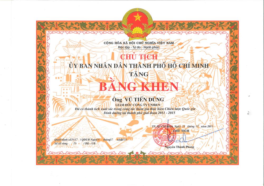 Công ty UNIBEN vinh dự được nhận bằng khen của Ủy ban nhân dân Thành phố Hồ Chí Minh vì những đóng góp đáng kể trong việc thực hiện Chiến lược Quốc gia dinh dưỡng