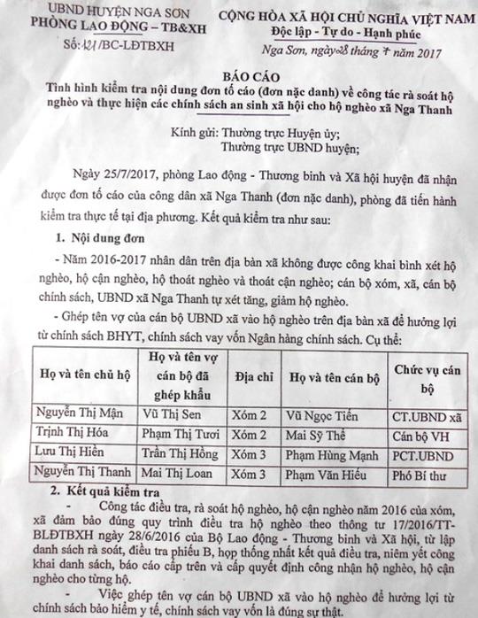 Báo cáo của Phòng lao động thương binh và xã hội huyện Nga Sơn (Thanh Hóa) khẳng định có việc vợ 