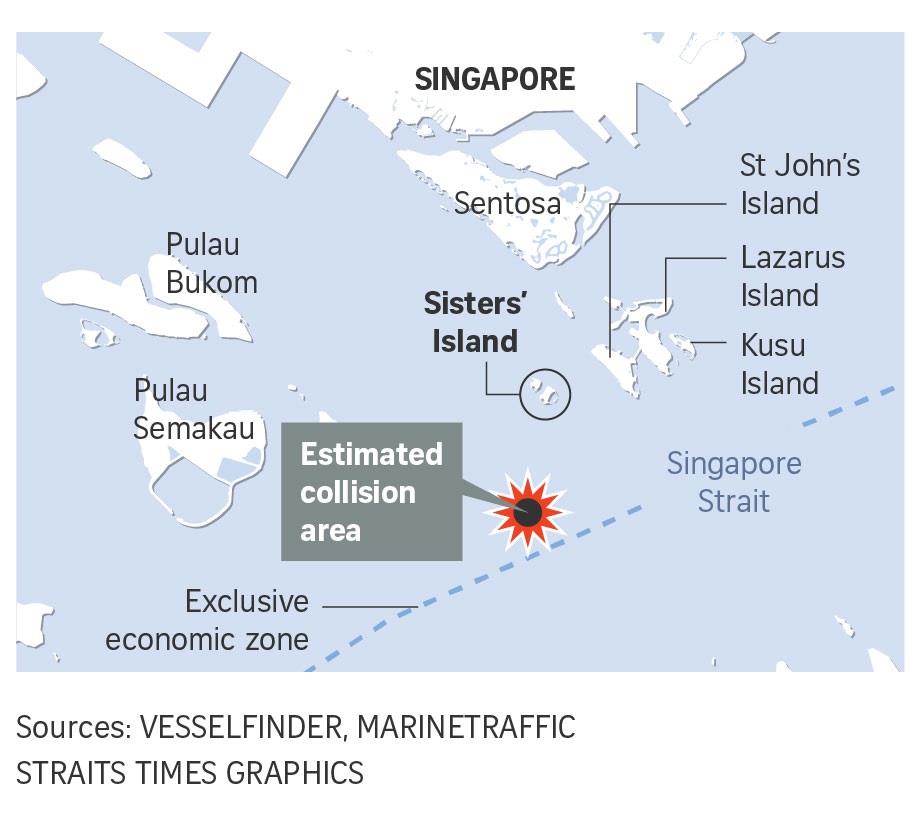 Vị trí xảy ra vụ hai tàu đâm nhau ngoài khơi Singapore. Ảnh: Straits Times
