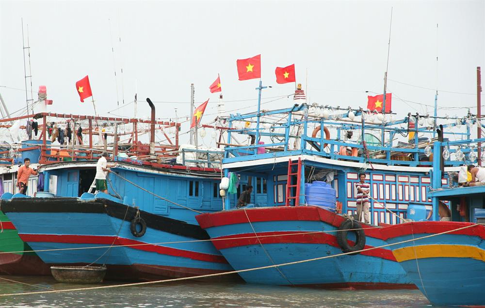 Các tàu neo đậu san sát nhau ở khu neo đậu tránh trú bão Nam Cửa Việt. Ảnh: Hưng Thơ.