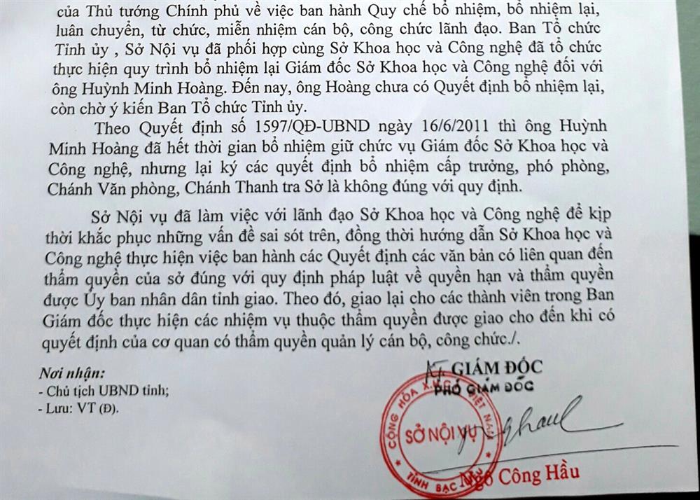 Văn bản của Sở Nội vụ Bạc Liêu cho biết ông Huỳnh Minh Hoàng hiện chưa được bổ nhiệm lại chức danh Giám đốc Sở nhưng đã ban hành hàng loạt quyết định bổ nhiệm cán bộ của Sở KHCN
