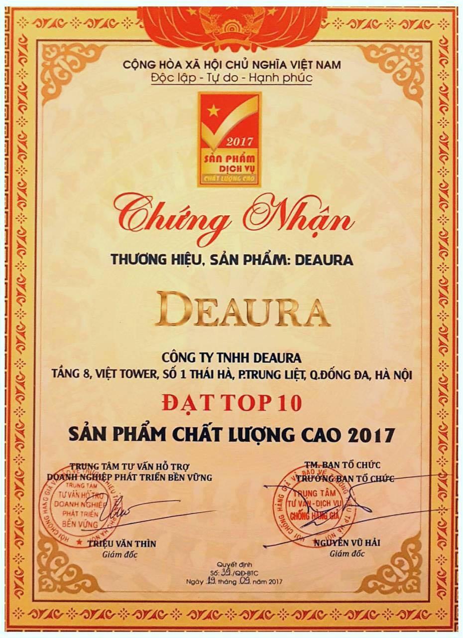 Với việc đạt chứng nhận Top 10 sản phẩm chất lượng cao 2017, DeAura Việt Nam một lần nữa khẳng định giá trị và chất lượng sản phẩm của mình