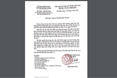 Văn bản yêu cầu Công ty Biển Tiên Sa khắc phục, trả lại thảm thực vật cho Khu BTTN Sơn Trà 