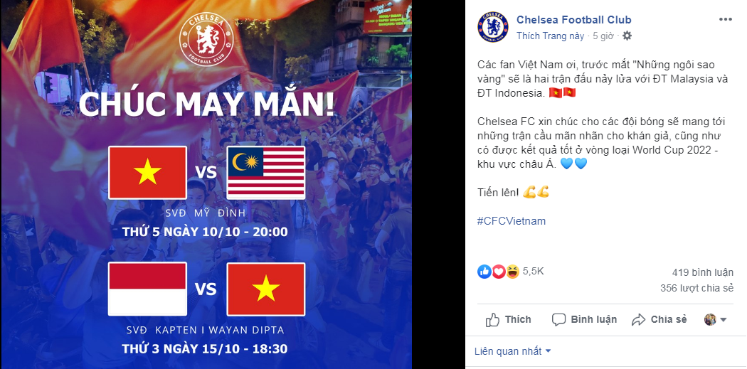 Lời chúc của CLB Chelsea nhận được sự quan tâm và chia sẻ của các fan đến từ Việt Nam.
