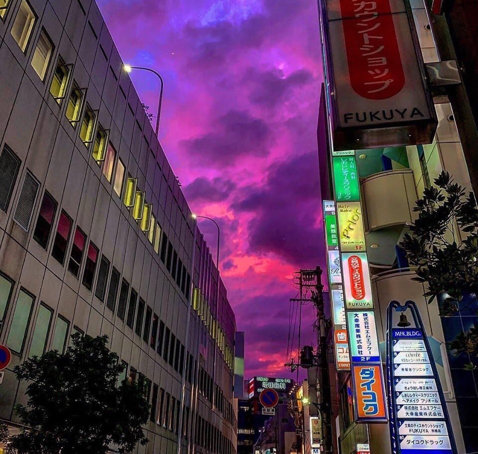 Bầu trời Nhật Bản chuyển màu tím kỳ dị khi siêu bão Hagibis sắp đổ bộ. Ảnh: Twitter.