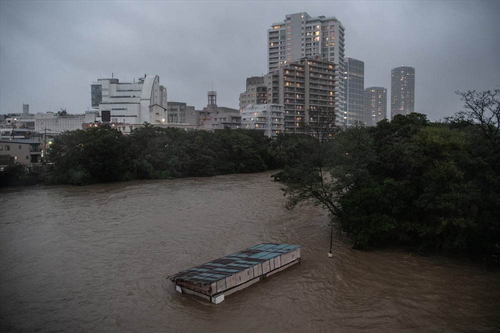 Một quán cafe bị ngập sâu trong dòng nước lũ ở sông Tama. Ảnh: Getty Images Người dân Tokyo đi sơ tán. Ảnh: Getty Images
