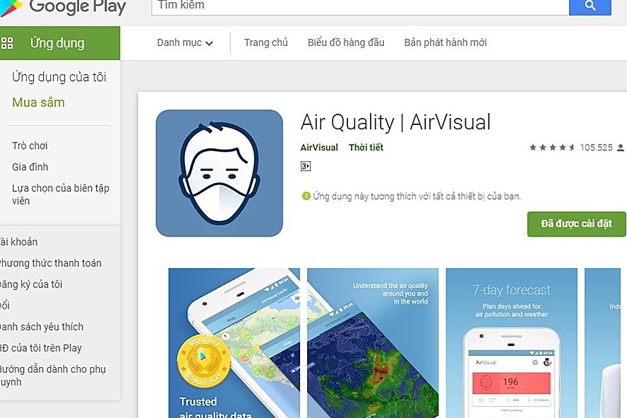 Đánh giá chung hơn 4 sao trên Google Play về AirVisual (chụp màn hình).