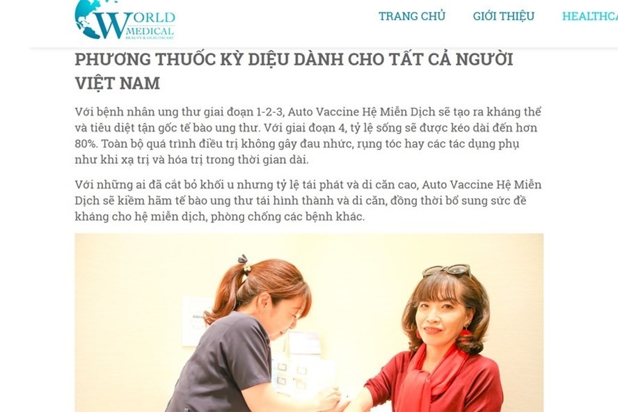 Website của trung tâm làm đẹp World Medical quảng cáo về công dụng “thần thánh” của vaccine Hasumi. Ảnh chụp màn hình.