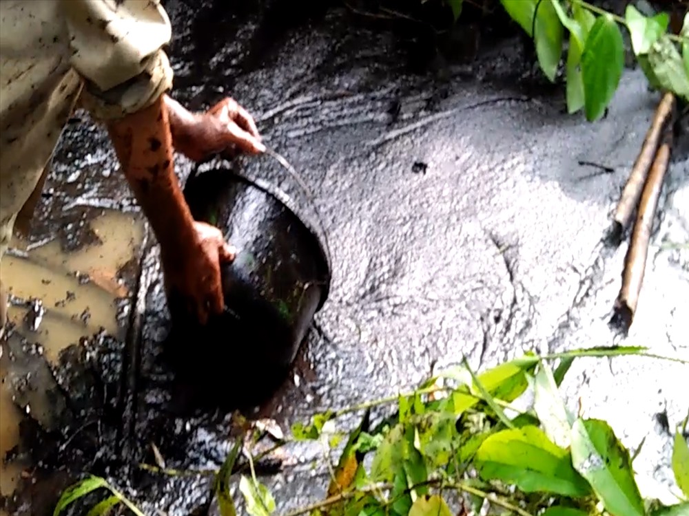 Ngày 8.10, người dân xã Phú Minh, huyện Kỳ Sơn, Hoà Bình cho biết quanh khu vực suối đầu nguồn gần nhà máy nước Sông Đà xuất hiện một mùi khét, suối đặc kén dầu đã qua sử dụng. Ảnh: Người dân cung cấp