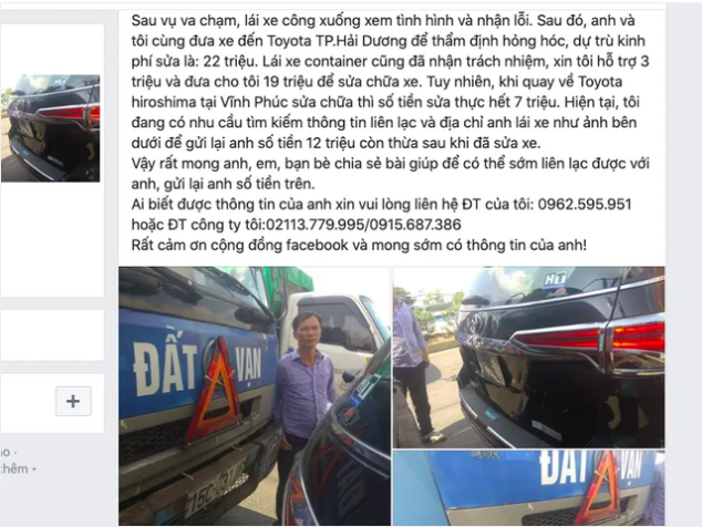 Anh Lê Quang Khải nhờ mạng xã hội đã tìm được người gây tai nạn để trả lại tiền thừa. Ảnh chụp màn hình.