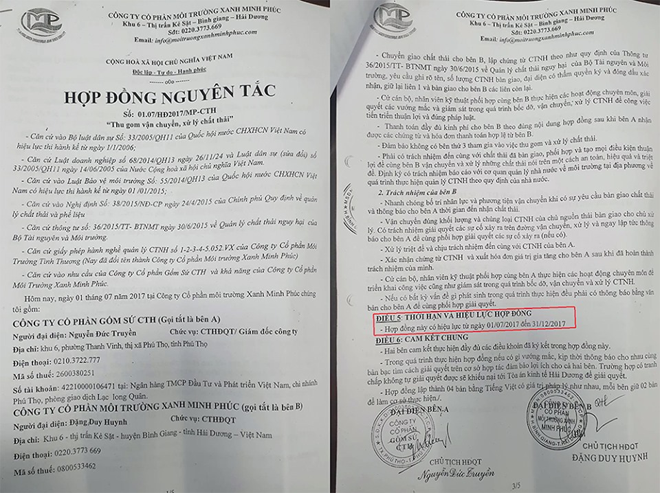 Hợp đồng thu gom, vận chuyển và xử lý chất thải nguy hại giữa Công ty Môi trường xanh Minh Phúc và Công ty Gốm sứ Thanh Hà đã hết hiệu lực ngày 31.12.2017. Ảnh: LN.