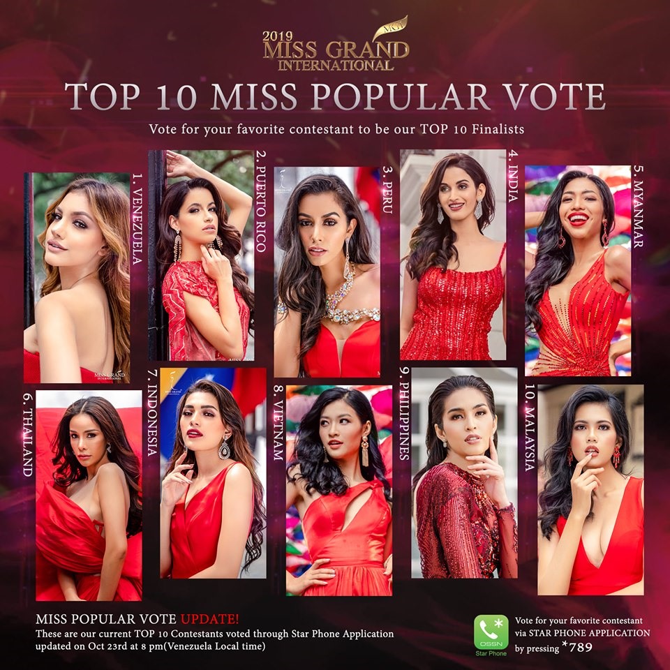 Top 10 thí sinh Hoa hậu Hòa bình Quốc tế 2019 được khán giả bình chọn nhiều nhất. (Ảnh: Miss Grand International)