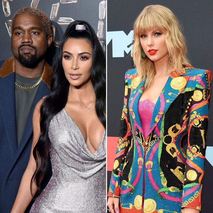 Taylor Swift (phải) và vợ chồng Kim Kardashian - Kanye West đã có nhiều mâu thuẫn. Ảnh: Us Magazine