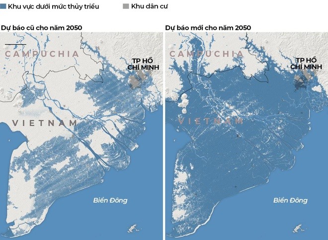 Climate Central dự báo, phần lớn thành phố Hồ Chí Minh, trung tâm kinh tế lớn của đất nước, có thể chìm trong nước. Đồ họa: New York Times.