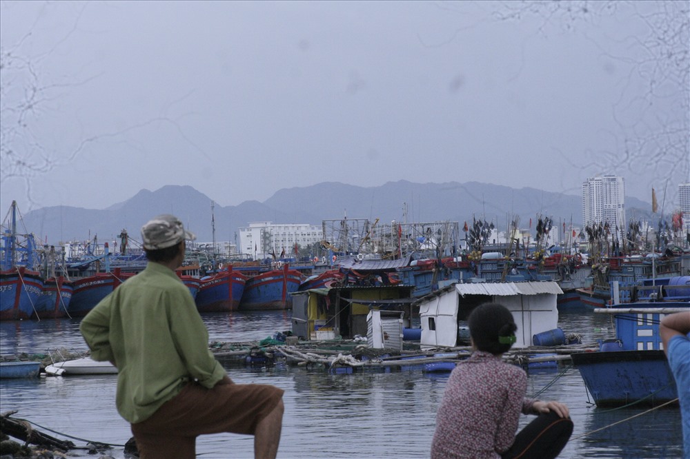 Ngư dân đứng ngóng trước cảng Hoàn Rớ cầu mong bình an trước bão. ảnh: P.L
