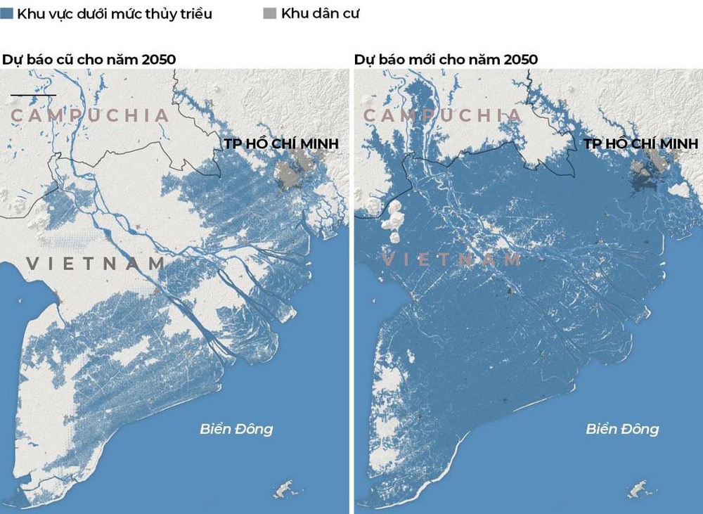 Đồ họa của New York Times so sánh tình trạng ngập nước của miền Nam Việt Nam năm 2050 theo cách tính cũ và mới.