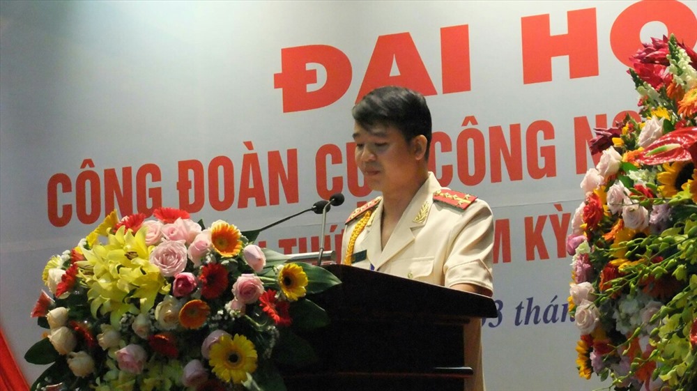 Đại uý Trần Xuân Lâm, Chủ tịch CĐ lâm thời cục H08 phát biểu tại Đại hội. Ảnh: Thanh Huấn