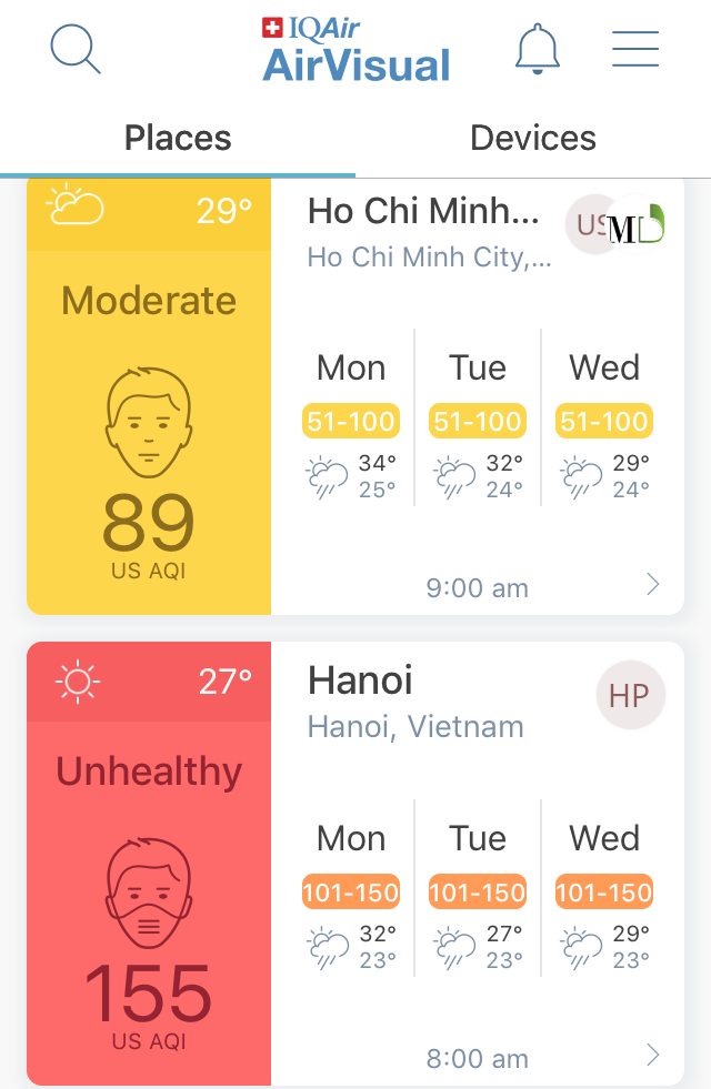 Chỉ số chất lượng không khí tại Hà Nội và thành phố Hồ Chí Minh được đăng tải trên App AirVisual vào sáng ngày 7.10.2019. Ảnh AirVisual