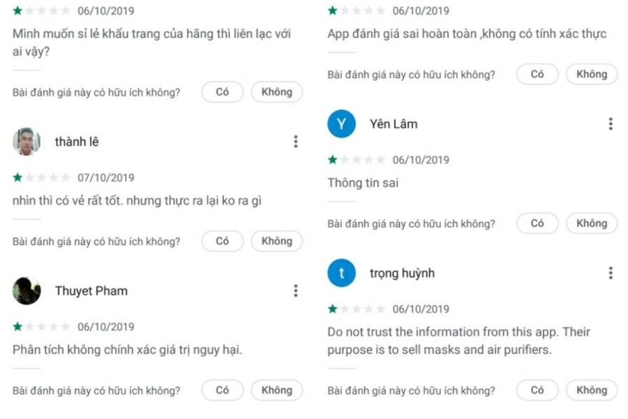 AirVisual liên tiếp bị đánh giá 1 sao bởi một số người sử dụng từ Việt Nam. Ảnh chụp màn hình