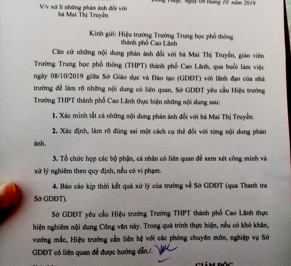 Văn bản của Giám đốc Sở GDĐT chỉ đạo Hiệu trưởng Trường THPT Thành phố Cao Lãnh xử lý vụ việc. Ảnh: Thanh Mai