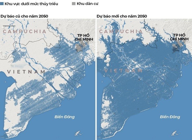 Mới đây, Climate Central - tổ chức khoa học có trụ sở tại New Jersey, Mỹ vừa công bố dự báo phần lớn Nam Bộ (trong đó có thành phố Hồ Chí Minh) có thể chìm trong nước ở đỉnh triều năm 2050. Đồ họa: New York Times