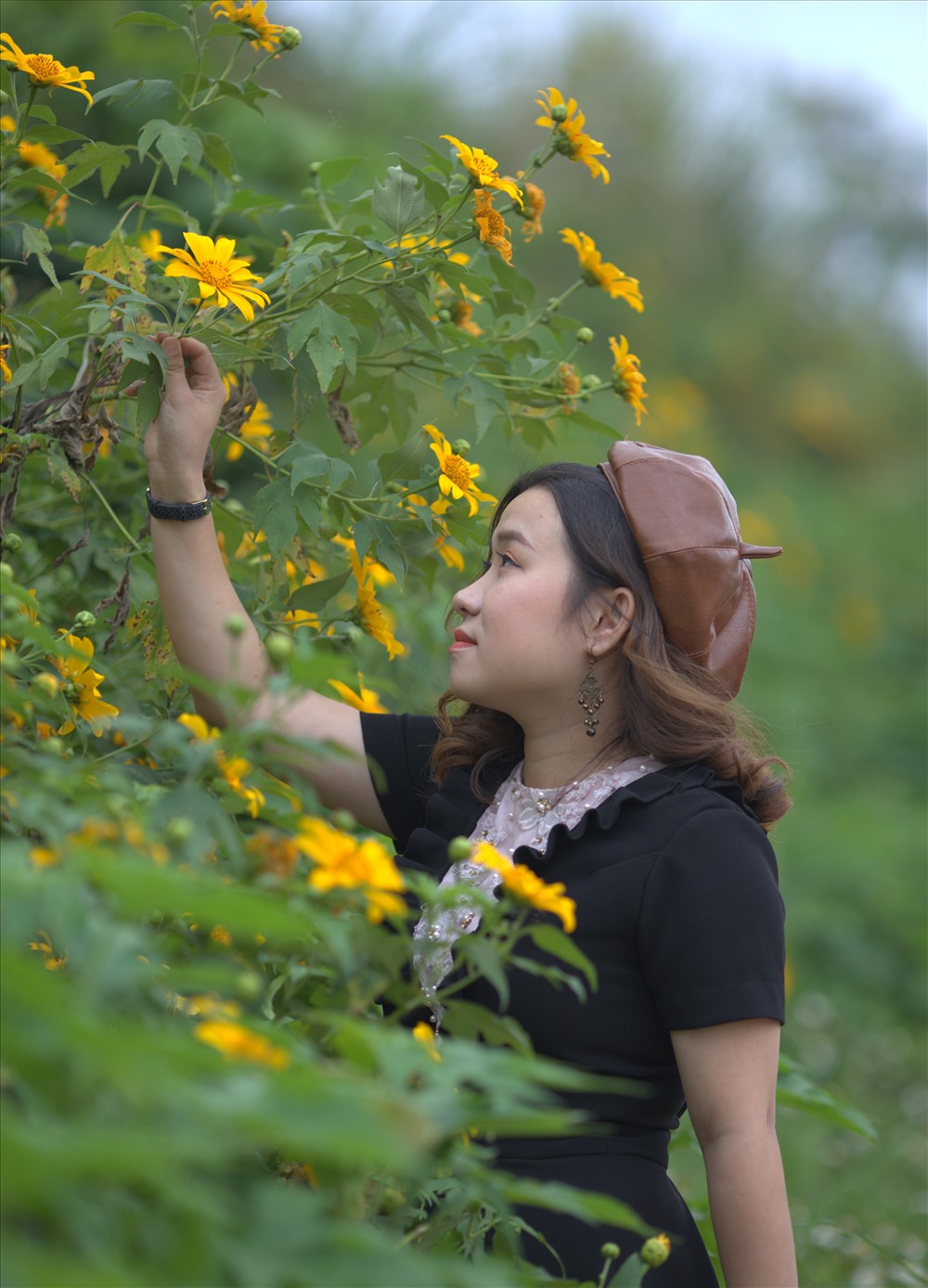 Bạn nữ tạo dáng chụp ảnh bên hoa dã quỳ. Ảnh: Nguyễn Khánh.