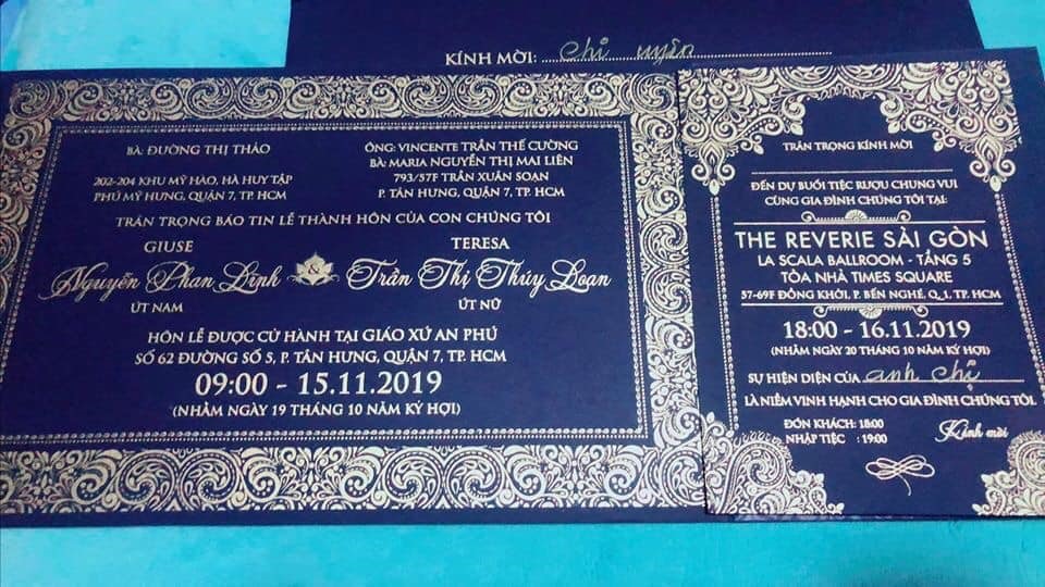 Theo thông tin ghi trên thiệp cưới, đám cưới Bảo Thy sẽ diễn ra tối ngày 16.11 tại Thành phố Hồ Chí Minh, trước đó cô cùng vị hôn phu làm lễ ở nhà thờ trước sự chứng kiến của người thân, bạn bè.