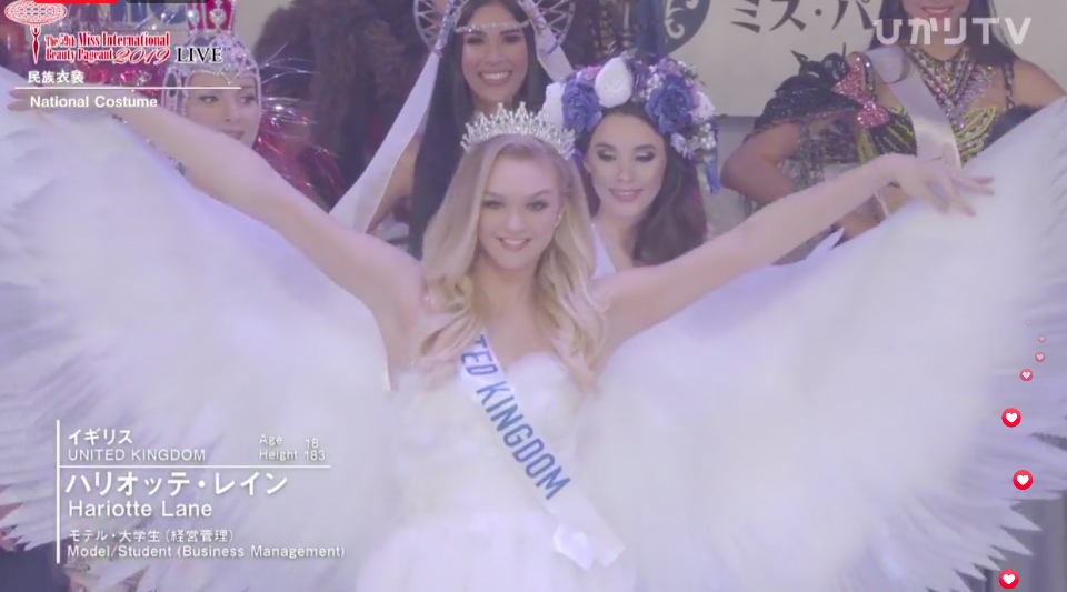 Các thí sinh trình diễn trang phục dân tộc tại Miss International 2019. Ảnh: CMH.