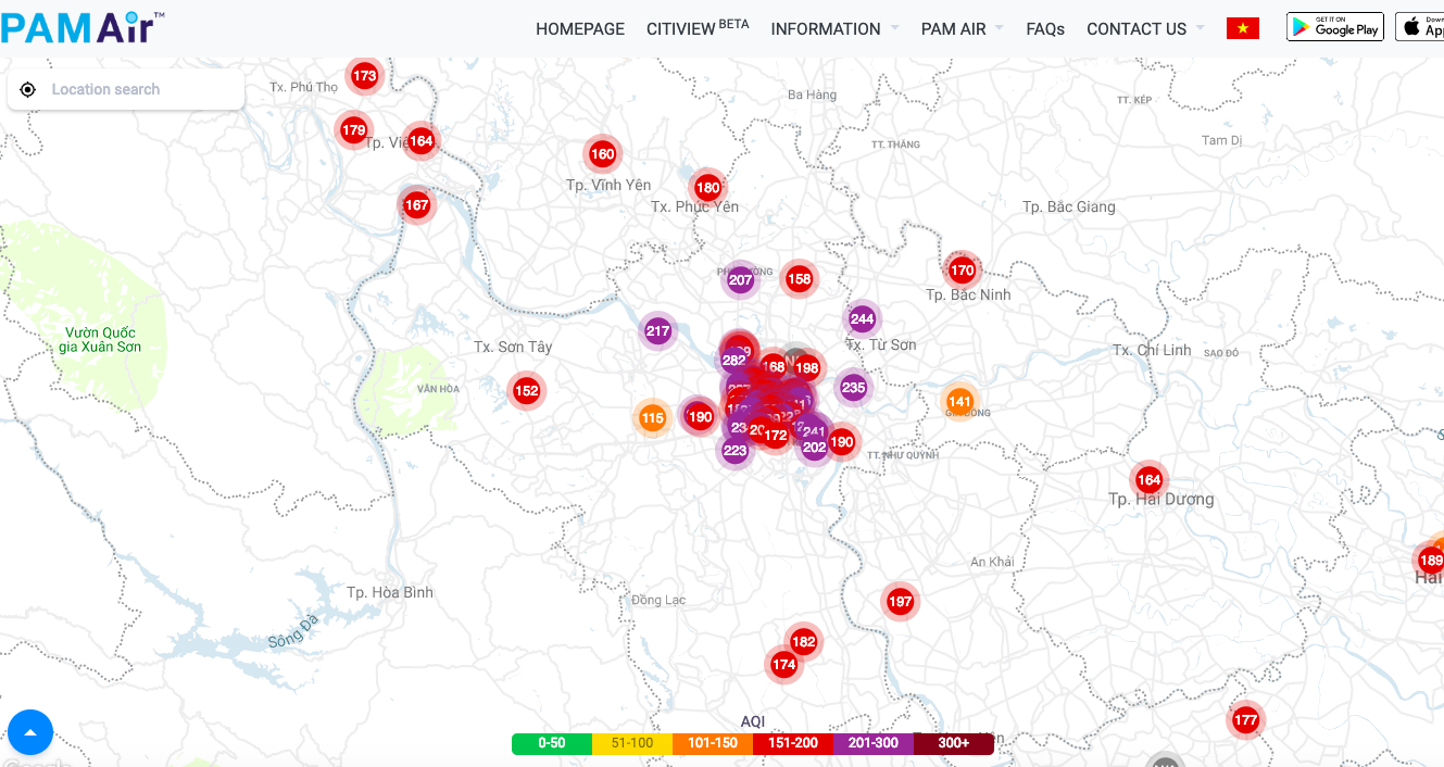 Các ứng dụng đo thời tiết như Air Visual hay Pam Air, tất cả điểm quan trắc tại Hà Nội có chất lượng không khí AQI ở trên mức 180 - mức màu đỏ.