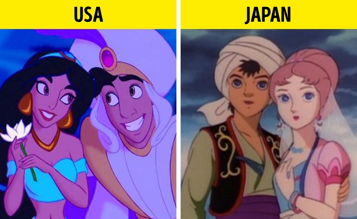 Phiên bản của Mỹ và phiên bản của Nhật. Ảnh: Aladdin/Disney và Aladdin and the Magic Lamp/Toei.