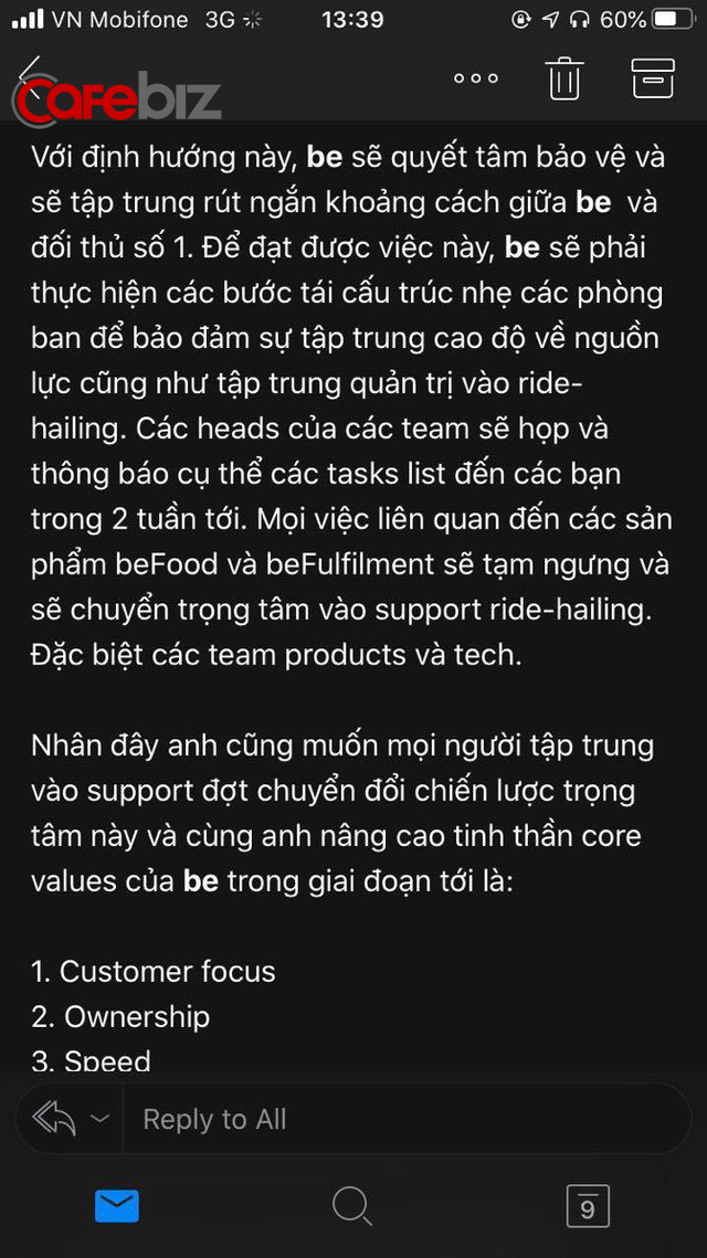 Nội dung email của ông Trần Thanh Hải - CEO của Be - bị rò rỉ (ảnh: Cafebiz).