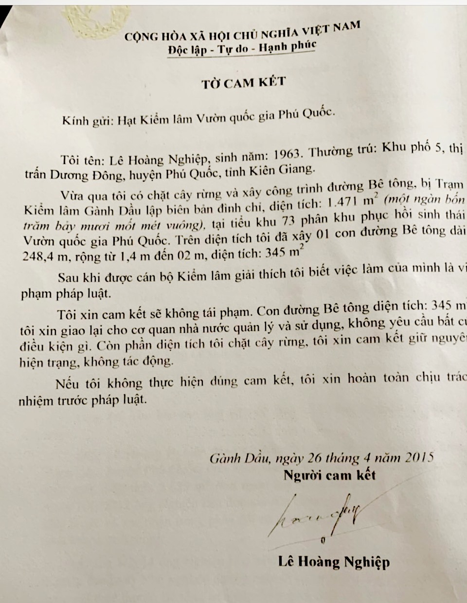 Đơn thừa nhận sai phạm và cam kết không tái phạm của ông Nghiệp gởi Hạt Kiểm lâm Vườn quốc gia Phú Quốc. Ảnh: T.M