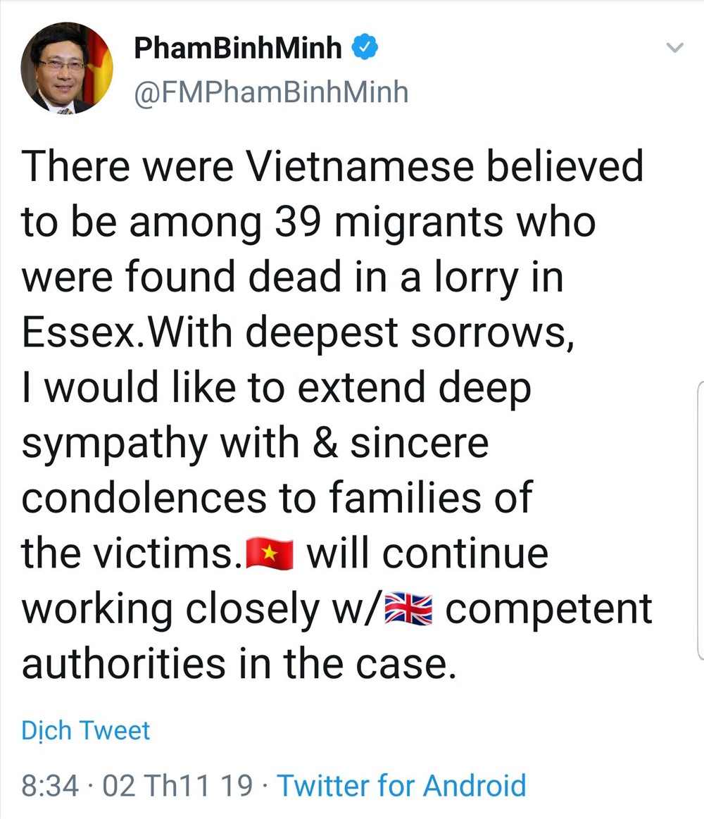 Phó Thủ tướng Phạm Bình Minh chia buồn trên Twitter. Ảnh chụp màn hình.
