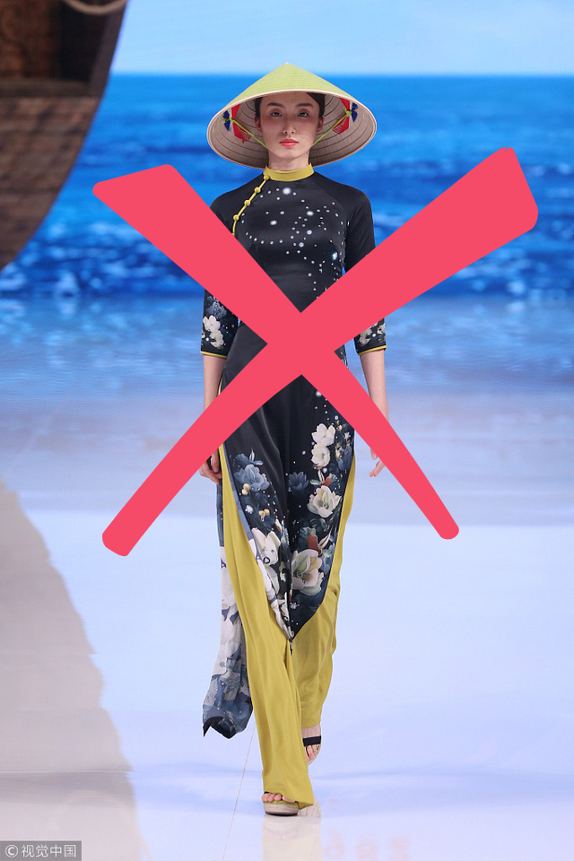 Trang phục Trung Quốc bị tố sao chép từ phom dáng cho tới phụ kiện là chiếc nón lá Việt Nam. Ảnh: ChinaDaily.